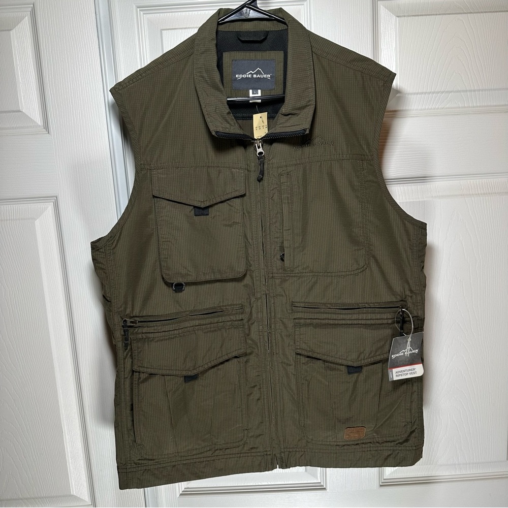 Eddie Bauer Green Adventurer RipStop Vest Sz L Outdoors Pockets Hiking NWT